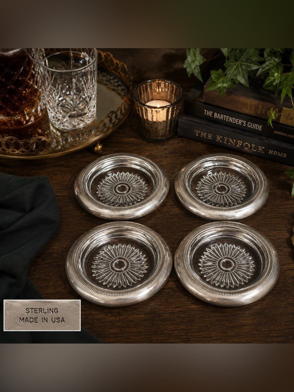 Vintage Sterling Silver Glass Coaster Set Mid Century Hollywood Regency Barware